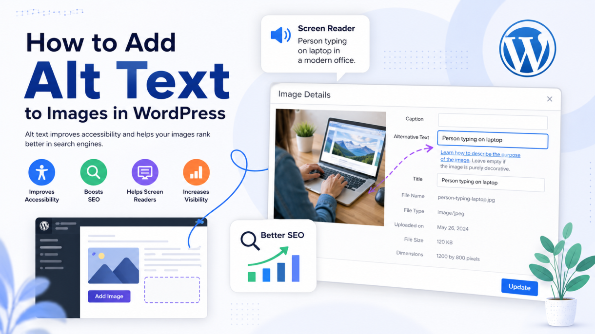 Featured image showing a focused monitor screen of the WordPress block editor with a hand pointing to the Alt Text input field.