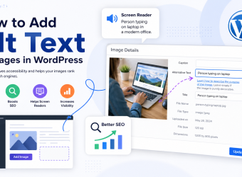 Featured image showing a focused monitor screen of the WordPress block editor with a hand pointing to the Alt Text input field.