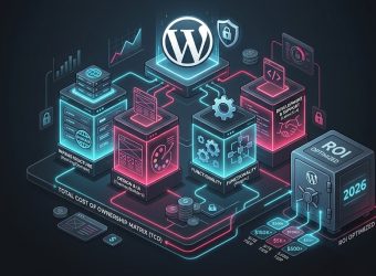 3D isometric flowchart depicting enterprise WordPress pricing tiers, cloud hosting costs, custom React engineering, and WooCommerce maintenance budgets.