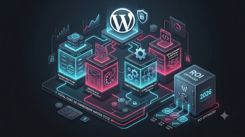 3D isometric flowchart depicting enterprise WordPress pricing tiers, cloud hosting costs, custom React engineering, and WooCommerce maintenance budgets.