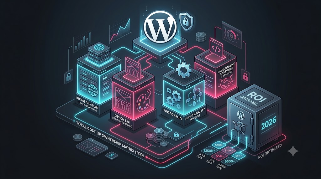 3D isometric flowchart depicting enterprise WordPress pricing tiers, cloud hosting costs, custom React engineering, and WooCommerce maintenance budgets.